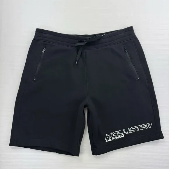 Hollister Men’s Black Sweat Shorts Logo Drawstring Zipper Pockets Size Large