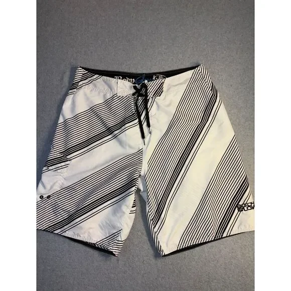 Body Glove Swim Shorts Men Size 36 White Black Striped Polyester Drawstring Logo