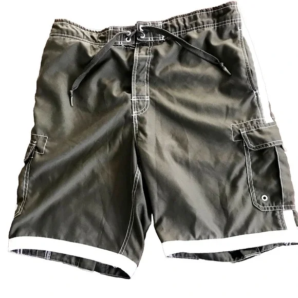 Joe Boxer Mens L Green w/ White Stripe‎ Swimming Trunks Lined with Cargo Pockets