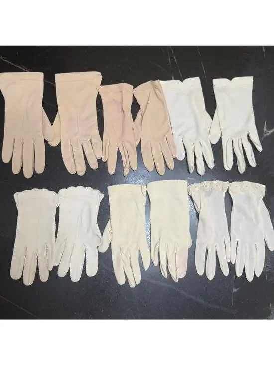 Vintage 1950s 60s Women's Wrist Gloves Lot 6 Pairs White Pink Nylon