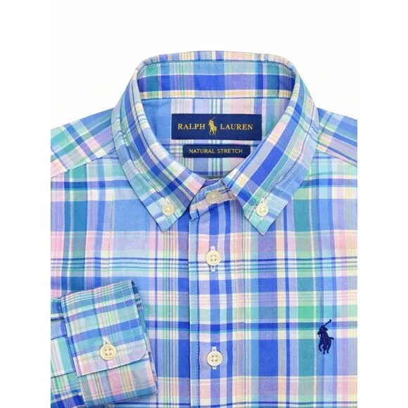 Ralph Lauren Kids Blue Pink Plaid Preppy Cotton Button Down Shirt Boys Size 4 4T