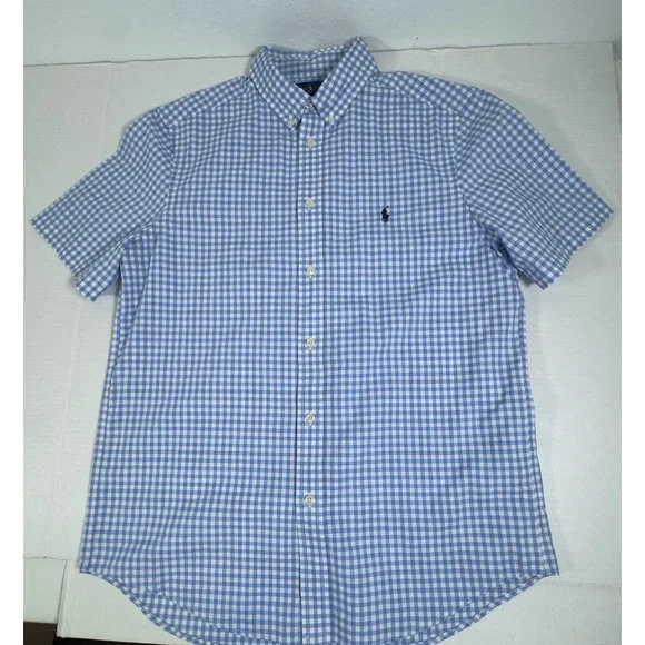 Ralph Lauren Gingham Button Down Boys XL 18-20‎ Blue White Short Sleeve Preppy