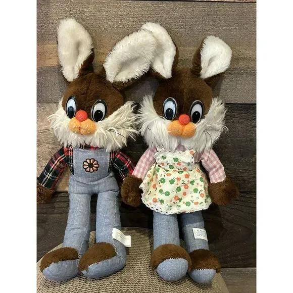 80's Set Of 2 Bunny's Brown Rabbits Dressed Cute Shaggy Collectible‎ Toy