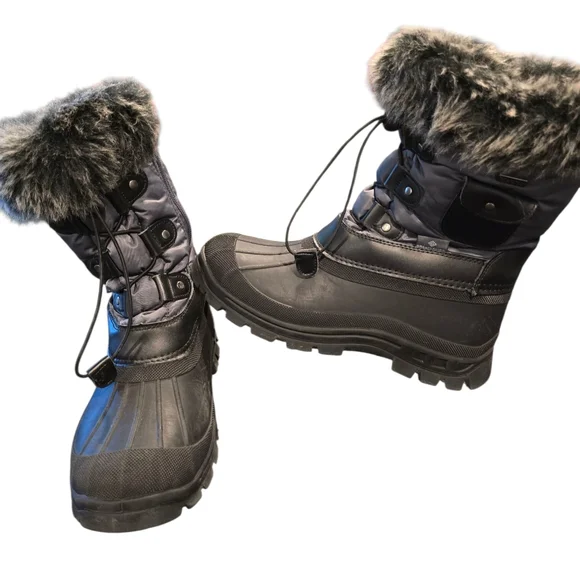 Thinsulate KSNOW black gray fur top lace up winter snow waterproof boots sz 6