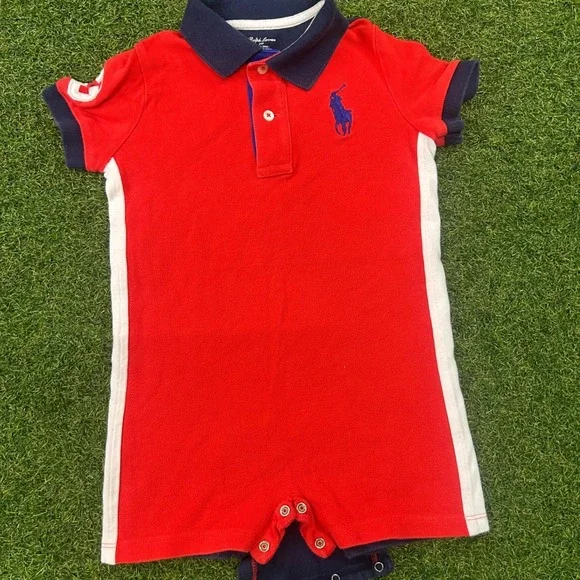 Polo Ralph Lauren Baby Boy Red Navy Blue Polo Romper One Piece 24M Sporty Snap