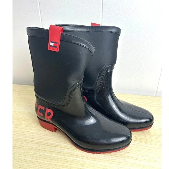 Tommy Hilfiger Women's‎ Rain Boots Black Red Waterproof Size 6 classic outdoor