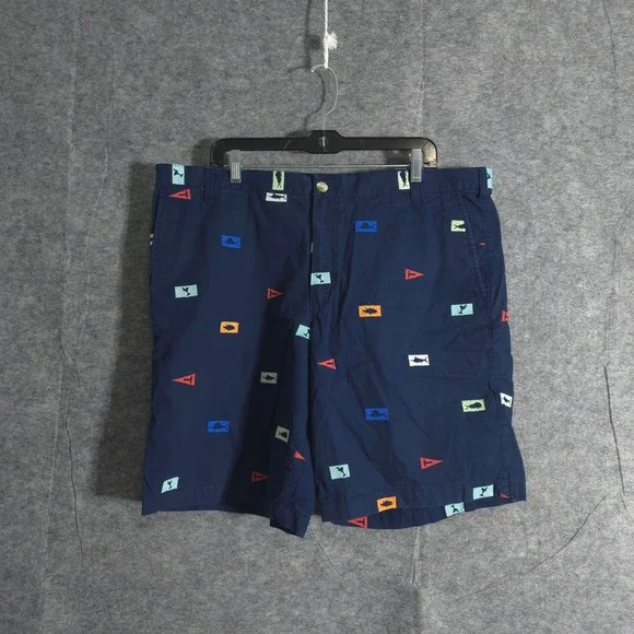 Columbia PFG Chino Shorts Mens 40 All Over Print Navy Blue Fish & Flags Casual