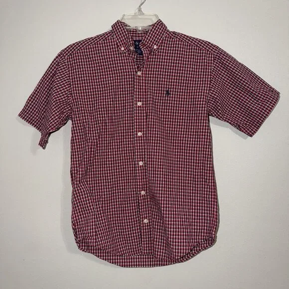 Polo Ralph Lauren‎ Boys Button Down Shirt Red White Blue Plaid M 12 14 Pony Logo
