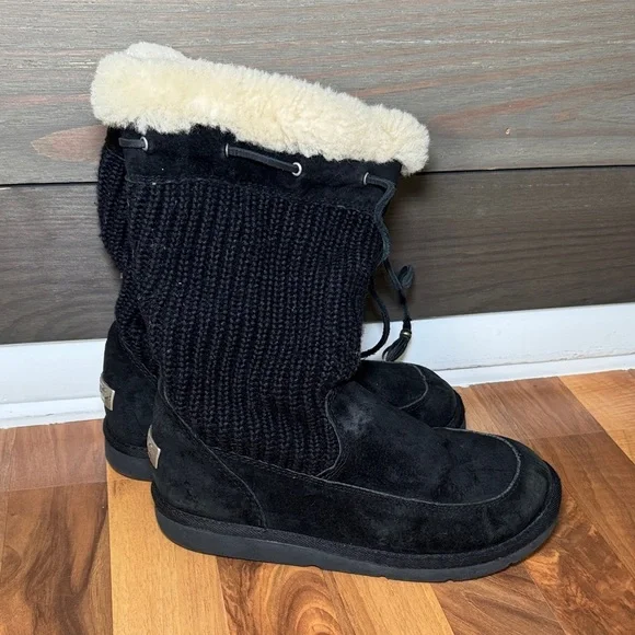UGG Black Knit Suede Boots with Cream Fur Trim