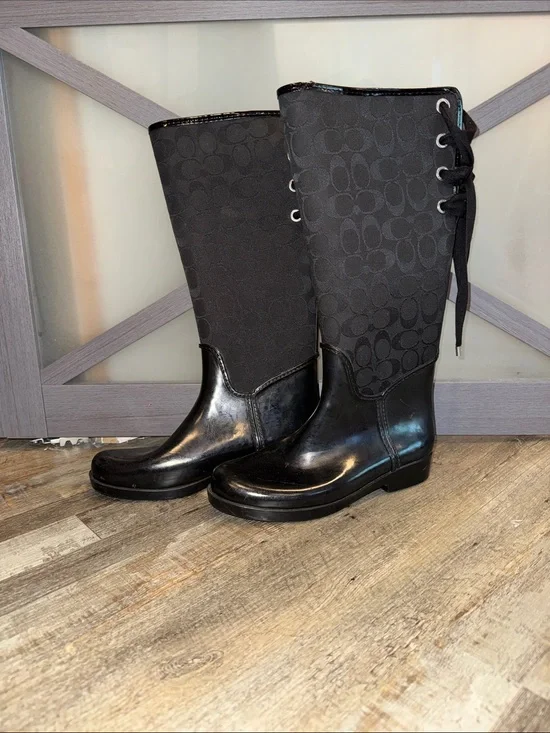 Coach TristeeTall Black Signature Lace-Up Rain Boots