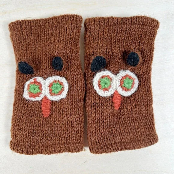 Owl Knot Fingerless Wool Mittens Fleece‎ Lined Made In Nepal Brown