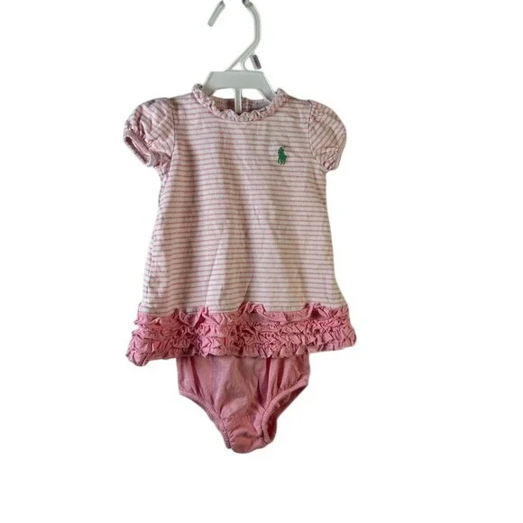 Ralph Lauren Dress Set Baby‎ Girl 3M Pink Stripe Ruffle Excellent Pony Logo