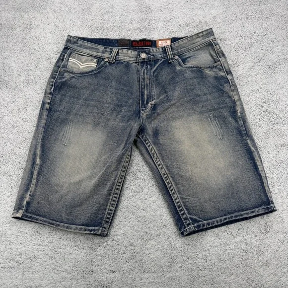 GS-115 Jean Short Mens 40 Blue Baggy Stitched Flap Pocket Distressed Hip Hop Y2K