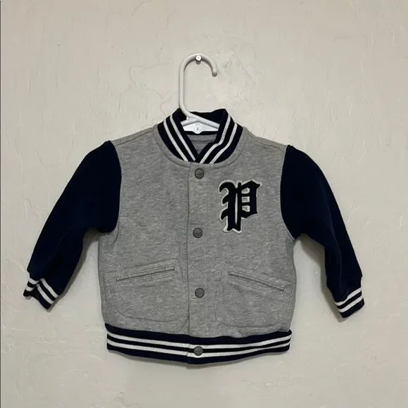 Ralph Lauren Gray Blue Bear Graphic Varsity Button Closure Jacket