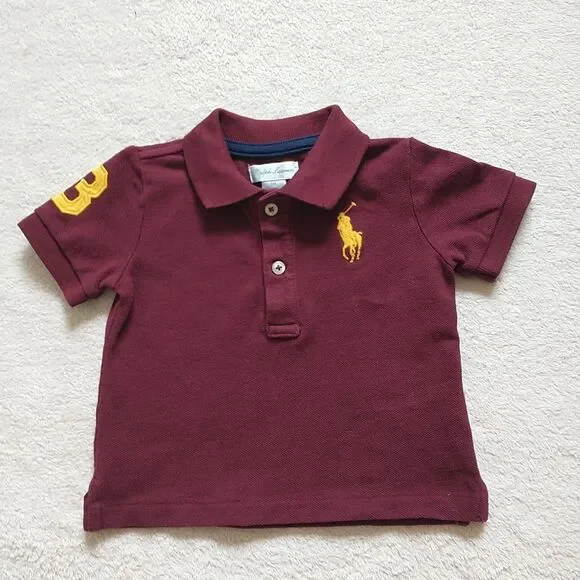 Ralph Lauren Polo Shirt Baby Boy 6M Red Burgundy Big Yellow Pony 3 Preppy