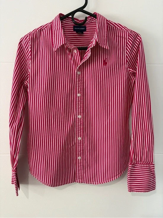 Ralph Lauren Girls Hot Pink & White Stripe Button-Up Shirt