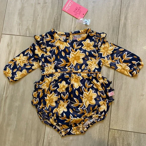 NWT RuffleButts Navy Blue Fields of Gold Flutter Bubble Romper, girls 3-6M