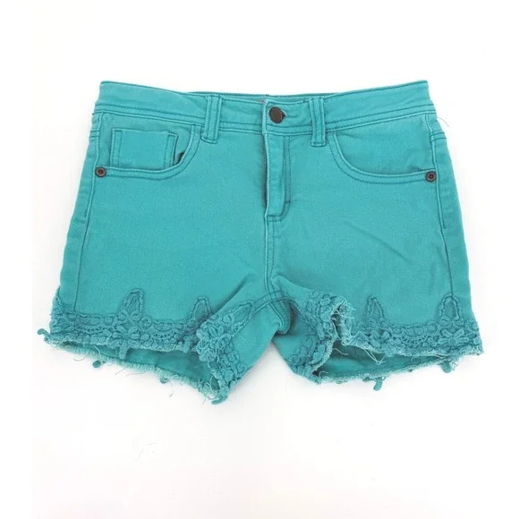 Red Camel Girls Teal Denim Crochet Lace Trim Frayed Hem Shorts Size 14