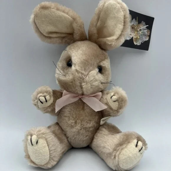 Vintage Tan‎ Beige Bunny Rabbit Pink Bow Plush Jointed 8