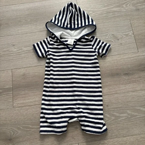Snapper Rock Kids Navy‎ Blue White Stripe Pocket Hooded Romper 6-12 Months