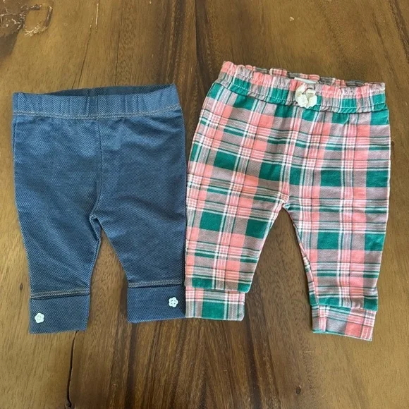 Laughing Llama Bundle of 2 Pants Plaid Pants and Solid Blue Leggings Size 3M