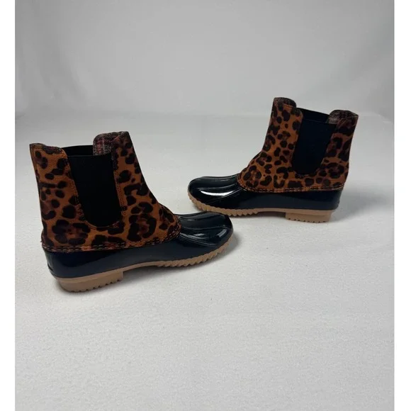 Leopard Print ZBY Women 7.5 Duck Boots Black Brown Waterproof Ankle Chelsea Boot