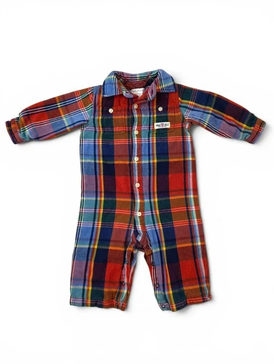 Ralph Lauren Baby Tartan Plaid Lined Flannel Jumpsuit Romper 6M Cotton Preppy