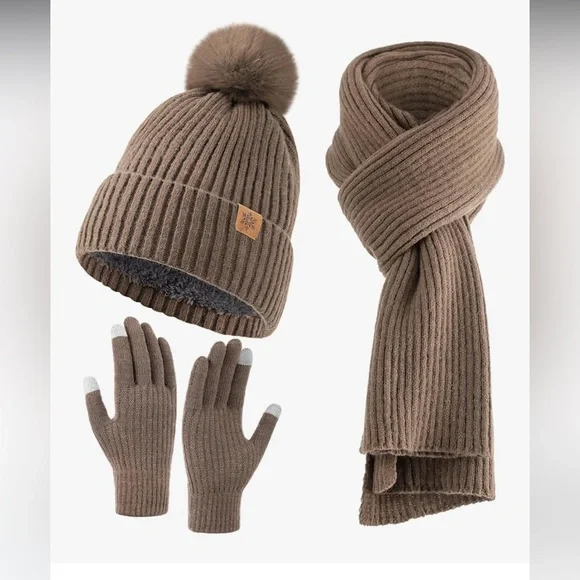 🆕 Womens Winter Beanie Hat Scarf Gloves Set,Touchscreen Gloves for Women 3 in 1