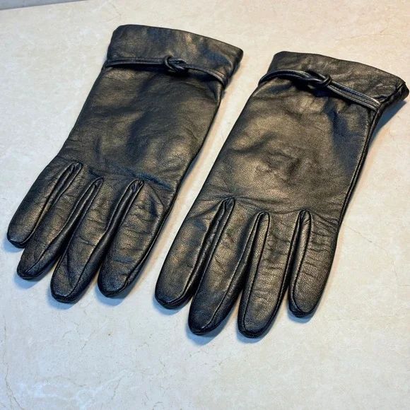 Women's Gold Genuine Leather Gloves Knotted Wrist Detail Size 8 Winter‎ Lined