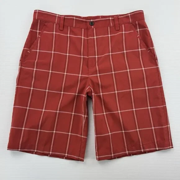 IZOD Golf Shorts Men 34 Rust Plaid Performance Flat Front Casual