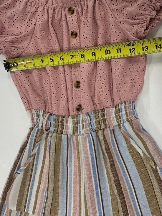 Girls Large Pink Eyelet Stripe Romper Boho Cottagecore Summer One Piece Coquette