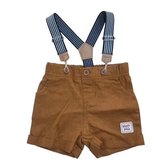 Disney Baby Winnie The Pooh Brown Linen Blend Shorts & Suspenders Size 0-3M