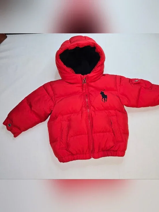 Kids Red Puffer Jacket with Large Black Logo Pony - Ralph Lauren