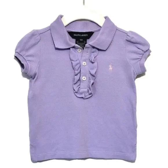 Ralph Lauren Girls Short Sleeve Ruffle Button Down Purple Polo Top Size 9 Month