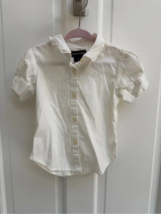 Ralph Lauren Girls 4 Cream Short-Sleeve Ruffle Collar Formal Button Down Shirt