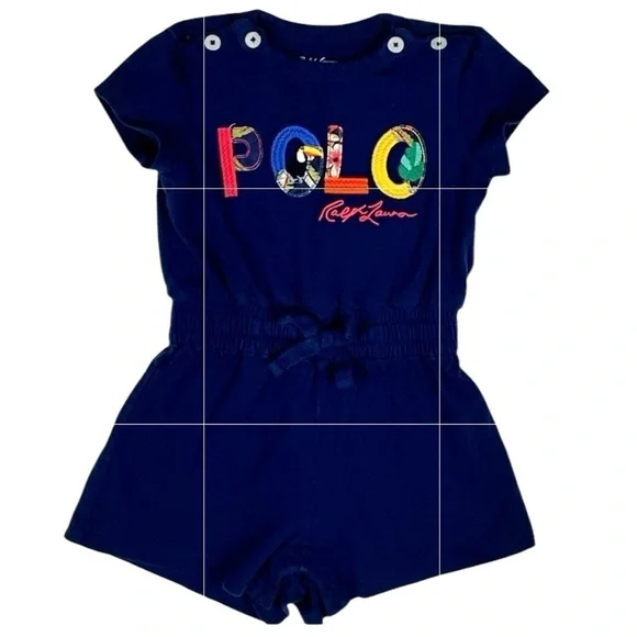 Ralph Lauren Polo Tropical Logo Cotton Jersey Baby Romper Navy Blue Size 3 M