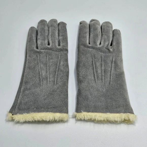 Vintage Grey Suede Leather Gloves Women Small Medium Faux Fur Lined Winter