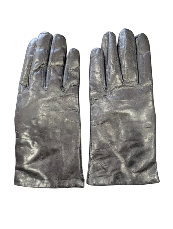 Vintage Italian Black Leather, Rabbit Fur-Lined Gloves. Size 8.