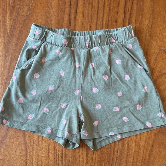 H&M Girls Strawberry Print Shorts Green Pink Cotton Elastic Waist Pockets Size 6
