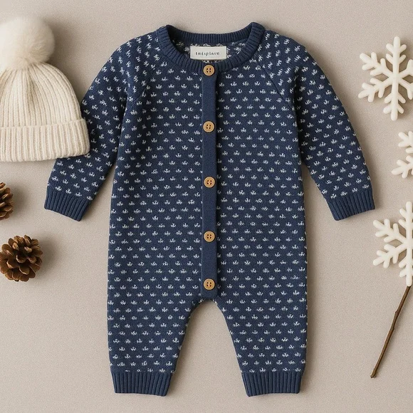Little Planet by Carter’s Organic Cotton Knit Jumpsuit 9M Blue White Fair Isle