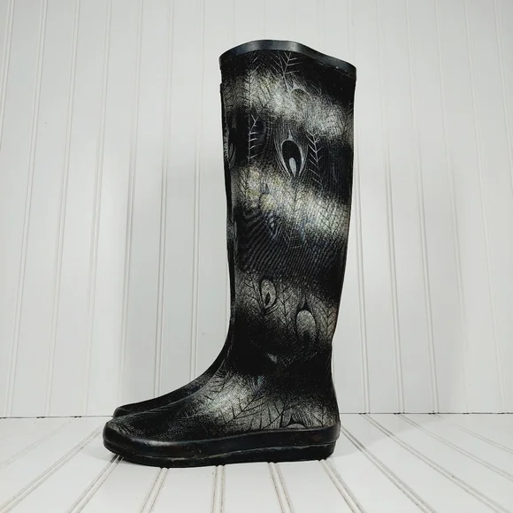 Volatile Black Light Stripes Feathers Black Slip On Tall Boots E61