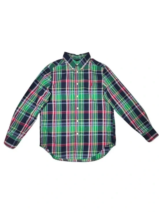 Ralph Lauren Boys Plaid Shirt Sz. M 10-12 Green Button Down 100% Cotton Pony