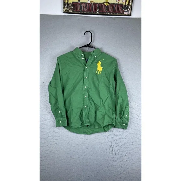 Ralph Lauren Shirt Boys Medium 10-12 Green Button Down Long Sleeve Big Pony Logo