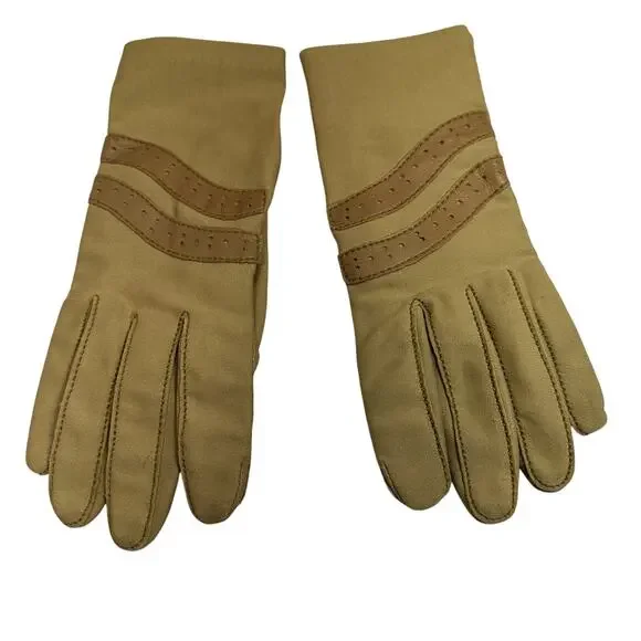 VTG Womens Gloves SZ S Leather & Woven Stretch Fabric Beige Driving Transitional