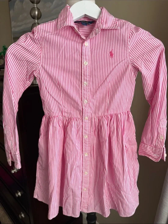 Ralph Lauren Pink & White Striped Button-Down Dress girls size 7