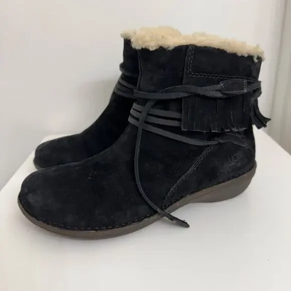 UGG Gaviota Boots Suede Fringe Shearling Wrap Ties Black Sz 9 Casual Boho Cozy