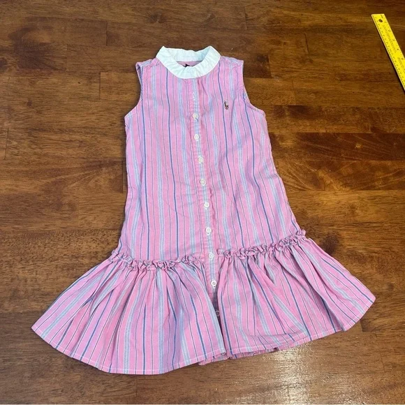 Ralph Lauren Pink and White Striped Dress 100% cotton size 4/4T