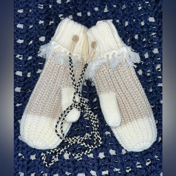 Anthropologie Ivory / Cream Knit Mittens with button on tether / strap