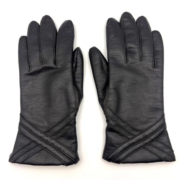 Vintage Fownes Gloves Women's Size A Black Faux Leather WPL‎ 9522 Fourchette