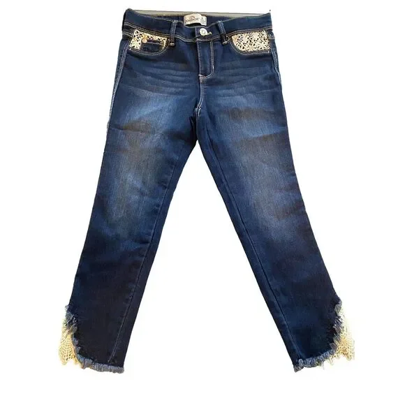 Jordache Cropped Jeans Girls 8 Blue Denim Cotton Lace Frayed Hem Pockets Zip-Fly